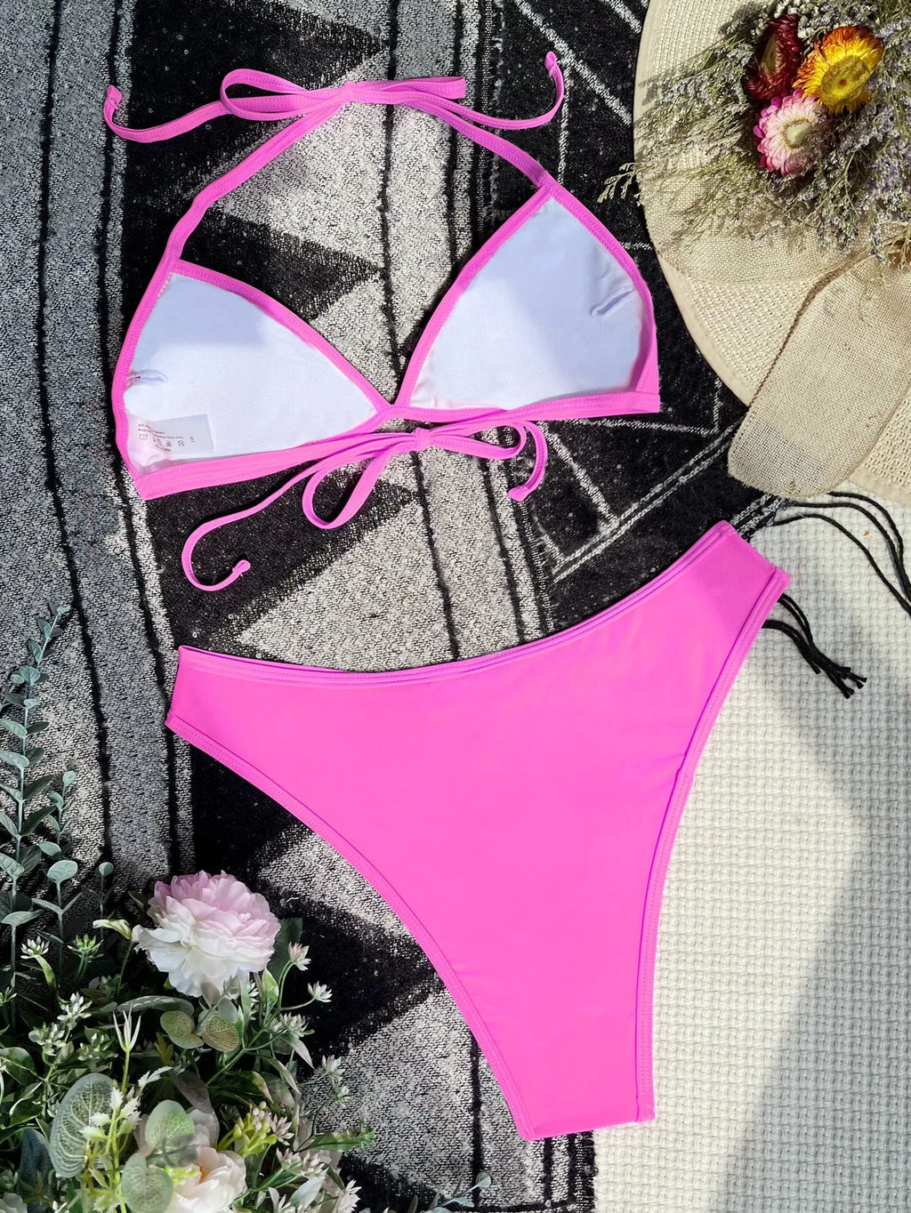 Women's Rose Red nylon bikini set for swimming with colour-matching top and bottom