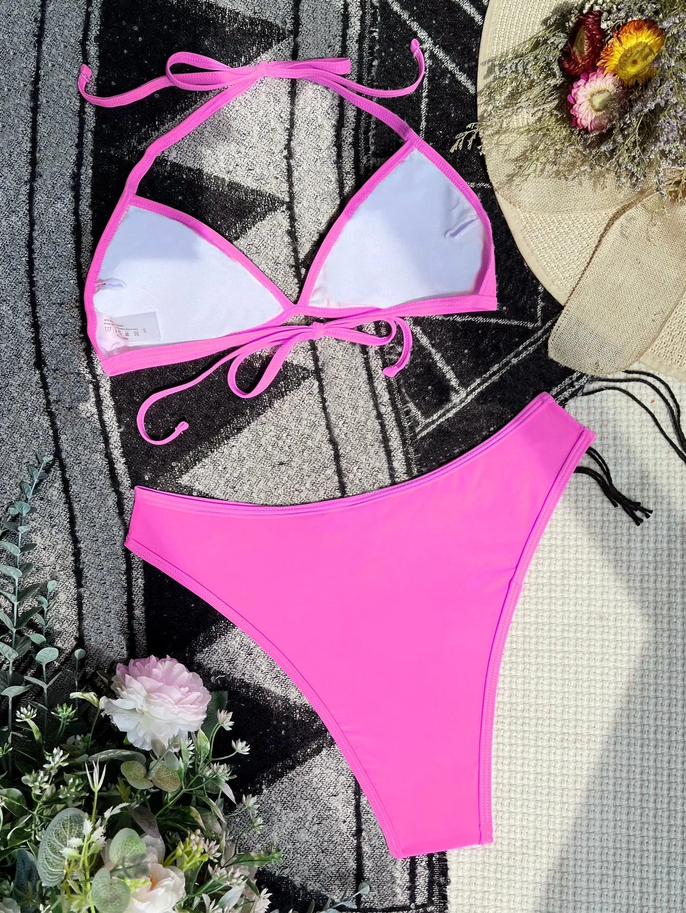 Women's Rose Red nylon bikini set for swimming with colour-matching top and bottom