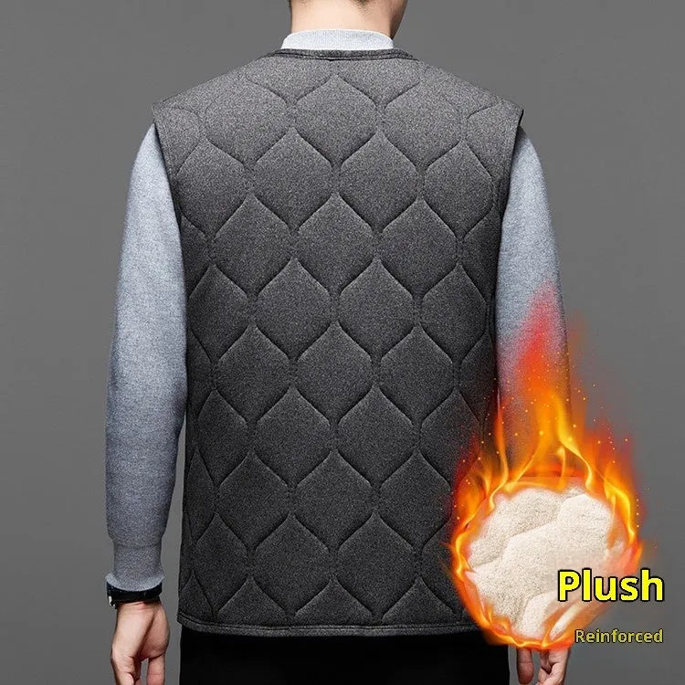 Men's fleece-lined cotton blend vest in black or grey, sleeveless cardigan style, sizes M to 4XL