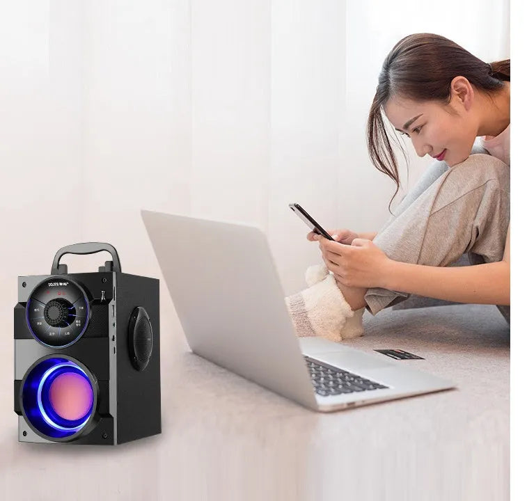 Black portable mini home audio system with subwoofer, satellite speakers and 1.2 metre connection cable