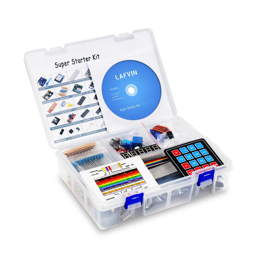 Arduino Uno R3 Super Starter Kit with blue development board, breadboard, electronic components, and CD.