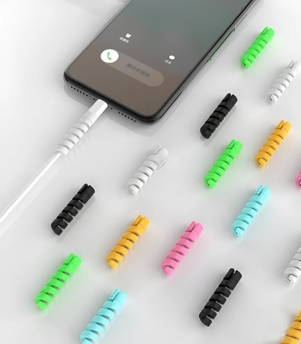 Plastic charging cable protector, 3.5cm long, shown in multiple colour options.
