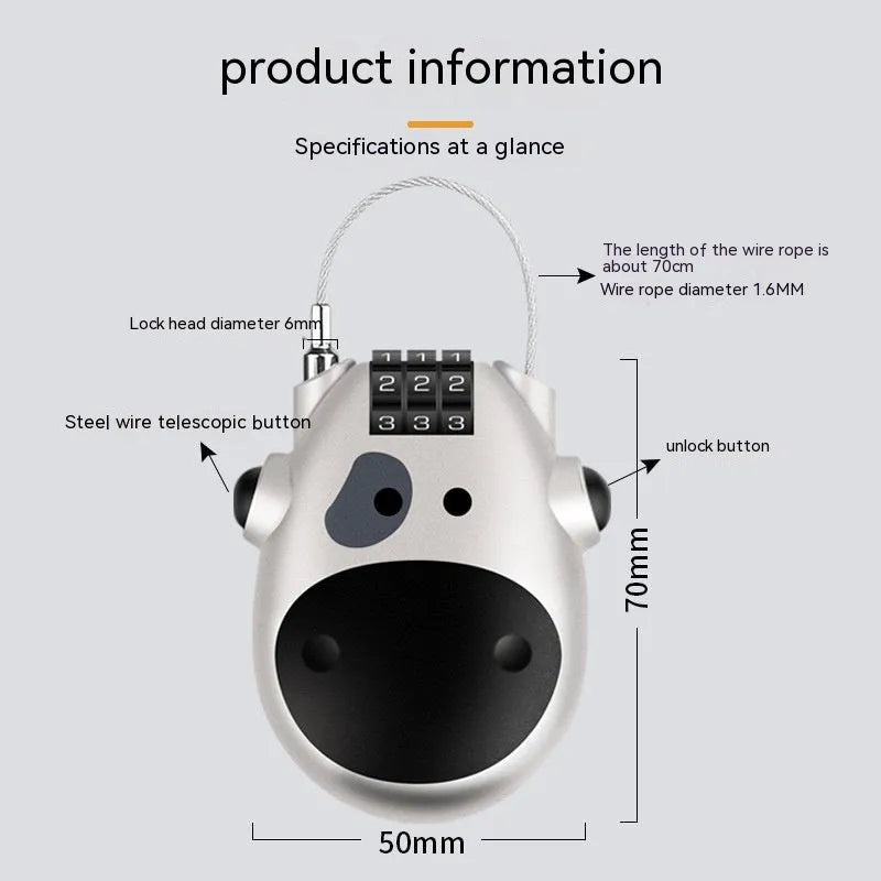 Cow-shaped retractable helmet lock with steel cable in silver and black colour variations