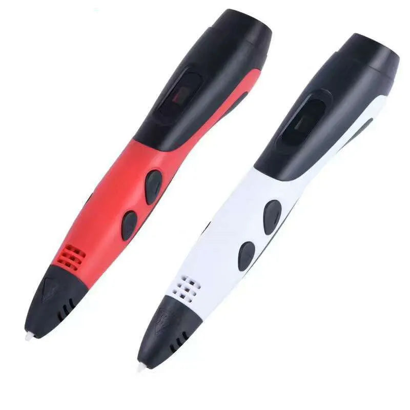 3D printing pen with plastic body, USB cable, and accessories including base and 12-colour filaments