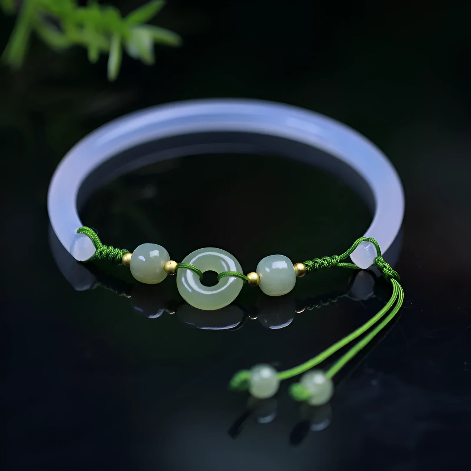 Handmade white agate and Hetian jade bracelet with peace buckle closure, 6mm bead diameter