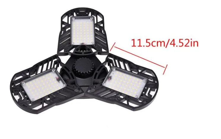 Deformable LED garage light with three adjustable heads, aluminium alloy housing, 60W 6000 lumens, IP65 waterproof