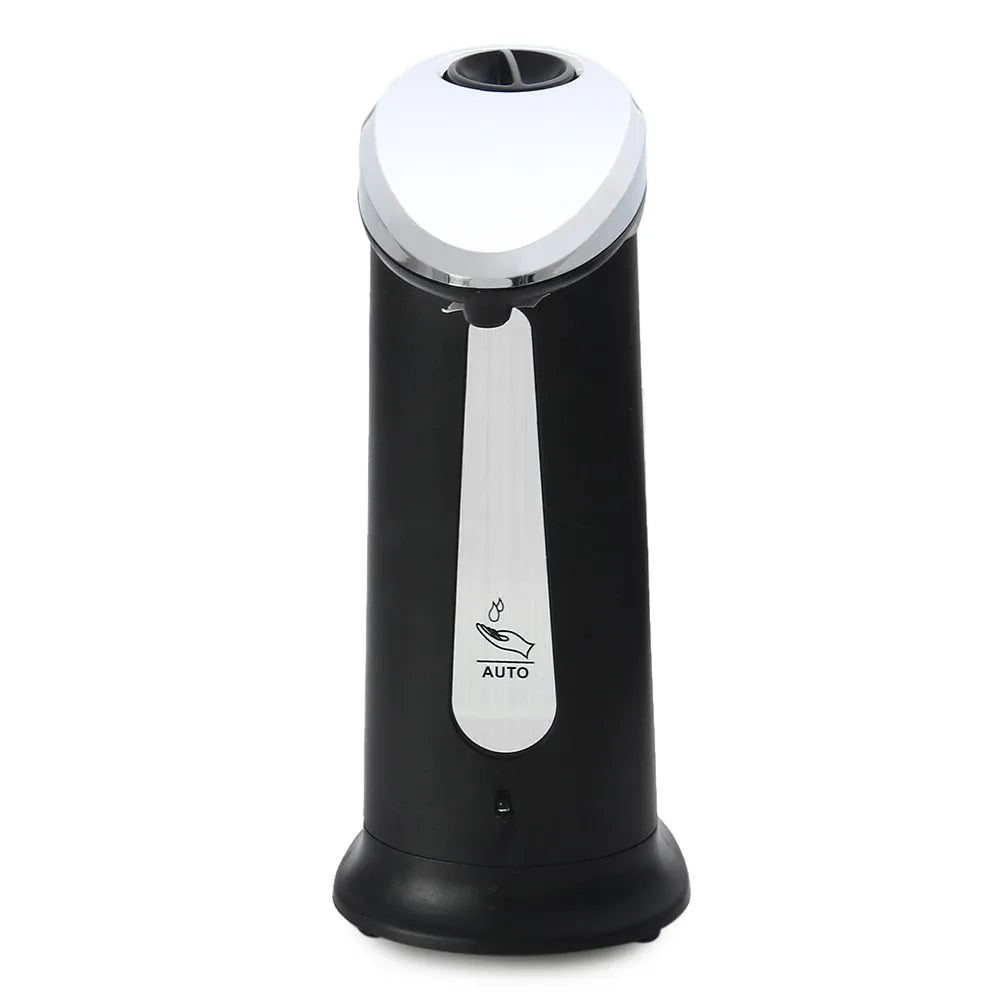 Black automatic sensor-operated liquid soap dispenser with 400ml capacity on a bathroom counter.