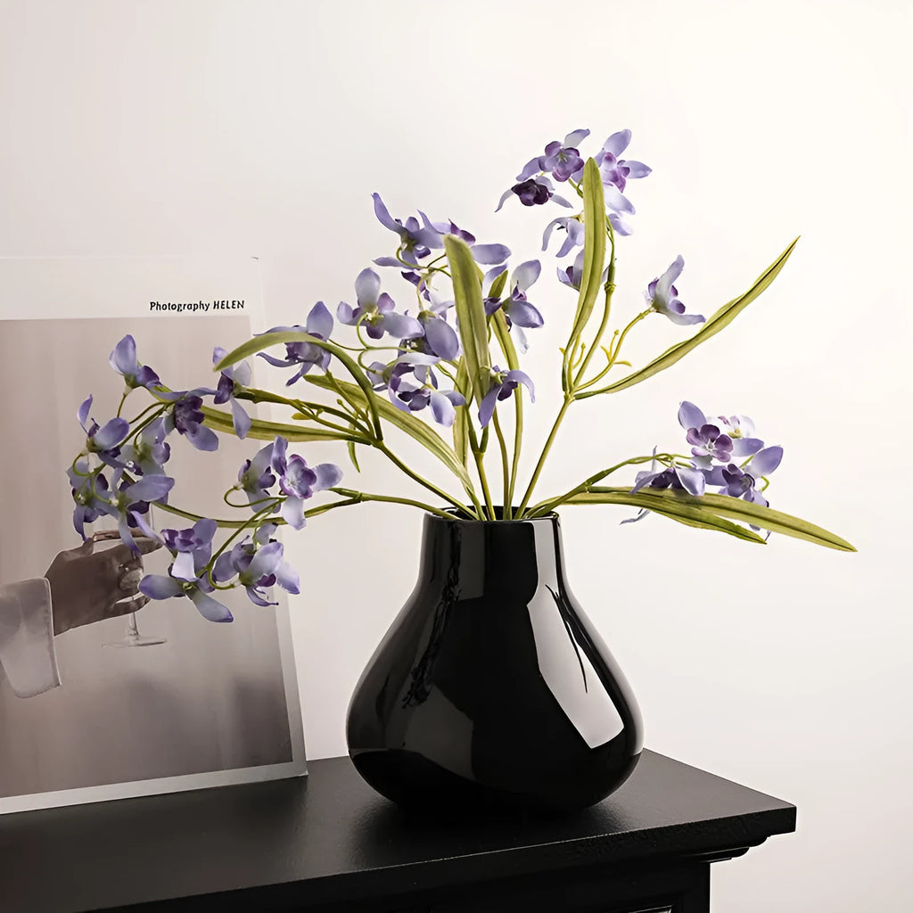 Round belly ceramic vase in black or white with optional artificial flowers arrangement