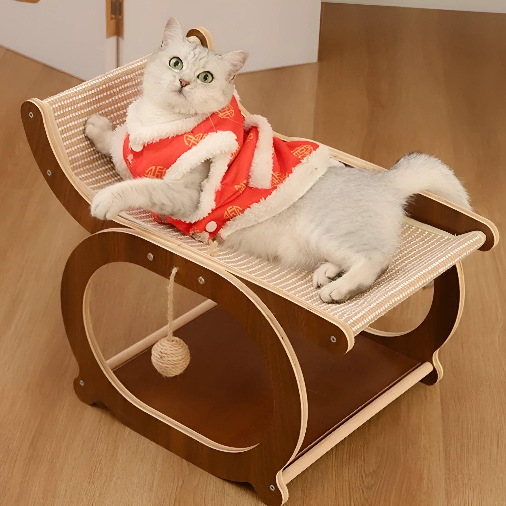 Solid wood cat tree with sisal scratching posts and a platform bed in walnut colour