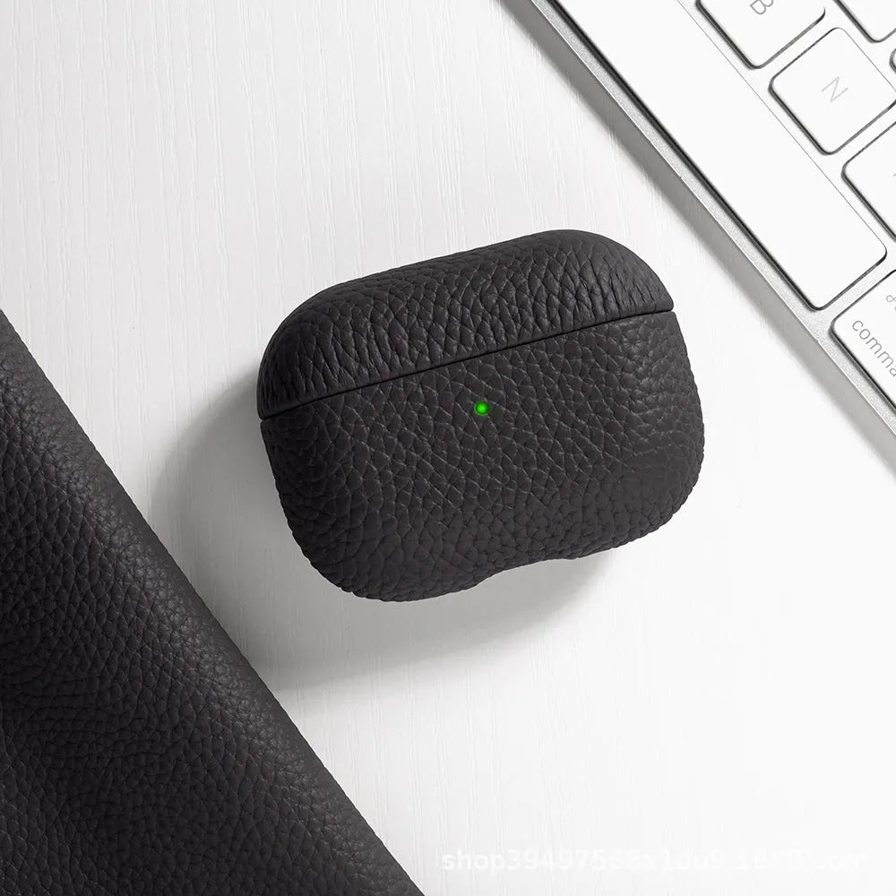 Genuine leather lychee pattern earphone cover in yellow for AirPods case full coverage