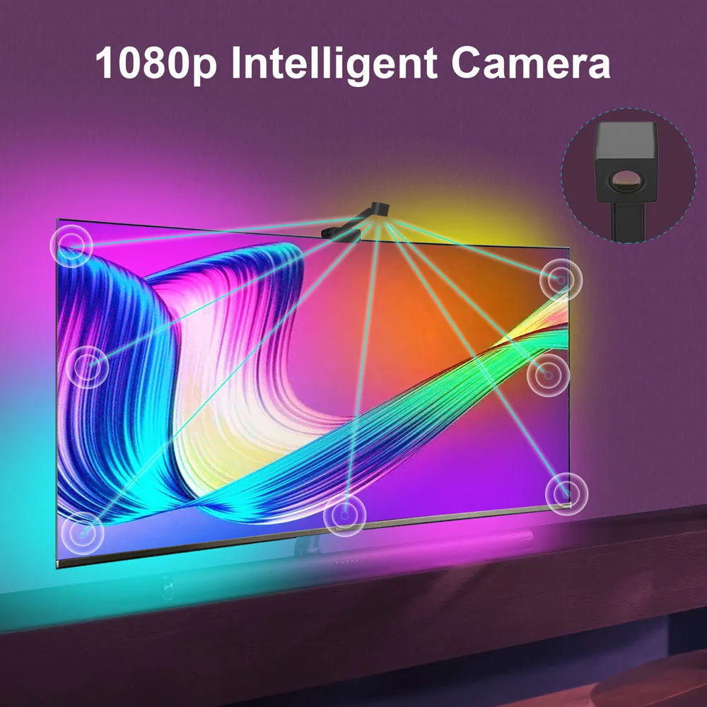 Black TV backlight strip with camera unit for screen colour synchronisation