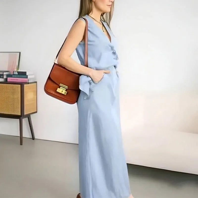 Women's blue sleeveless vest and long matching skirt two-piece casual outfit set