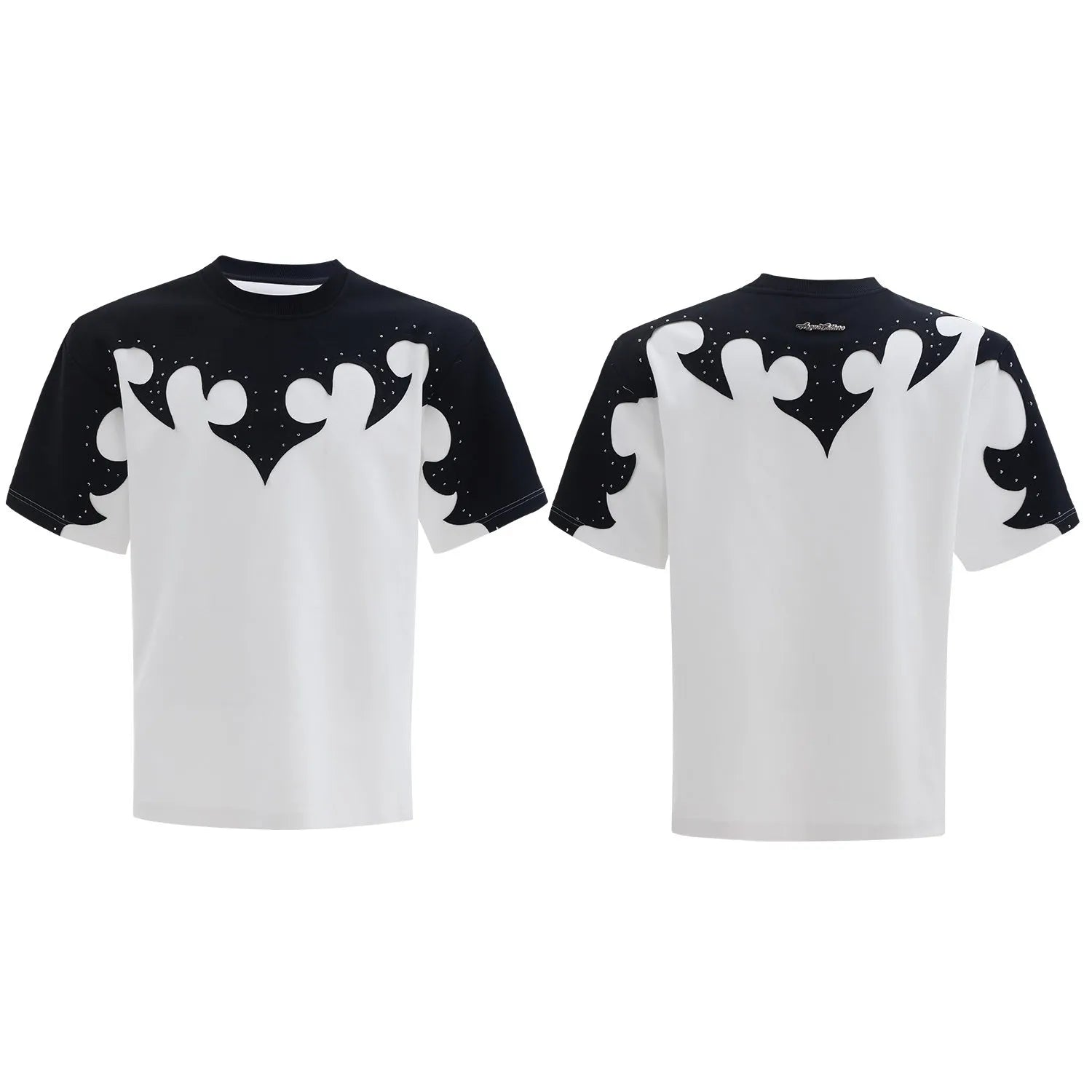 Men's grey cotton shirt with a raised burnt flower pattern and rhinestone decoration on the front.