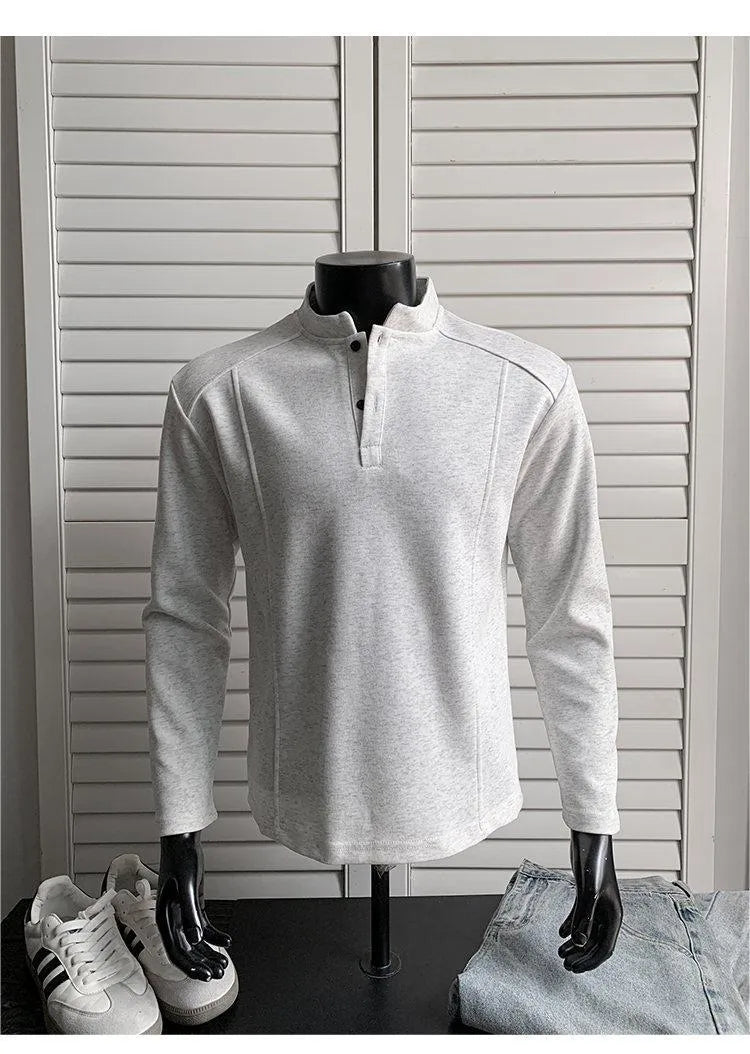 Men's patchwork stand-up collar polo shirt in cotton fabric with asymmetric design