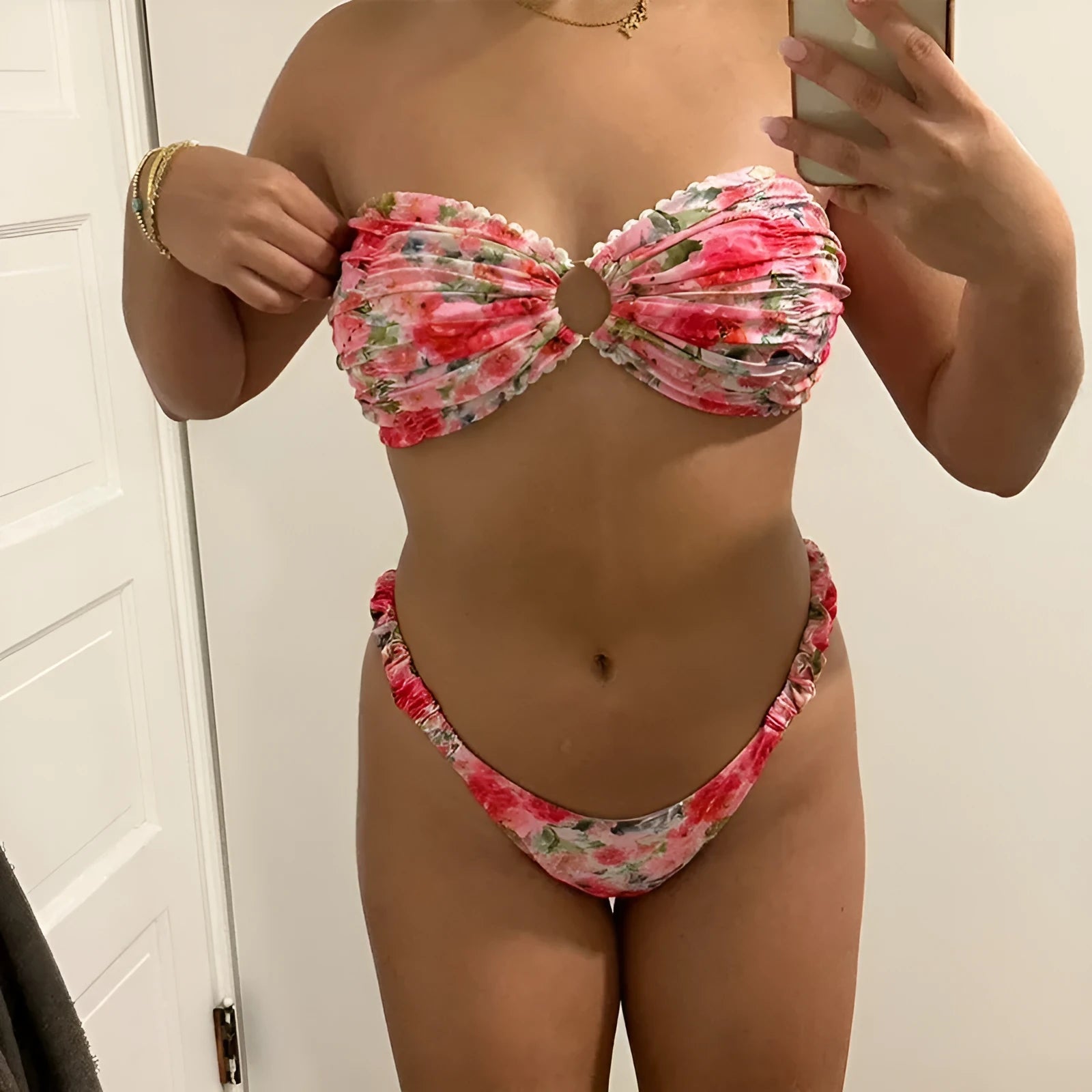 Printed tube top bikini with lace trim and floral pattern in European swimwear style