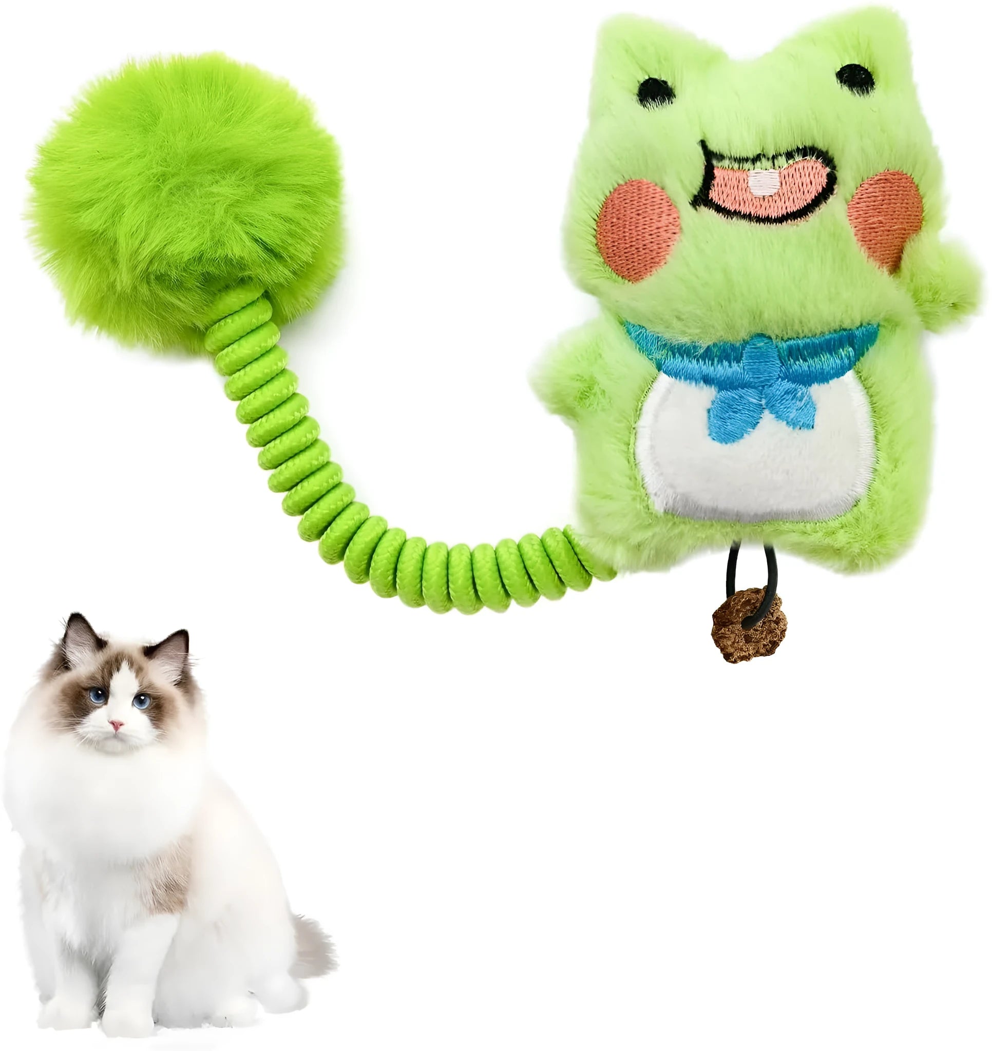 Plush cat toys with silvervine fruit and stretch springs in animal designs including frog, pig, star, rabbit, chicken, and panda
