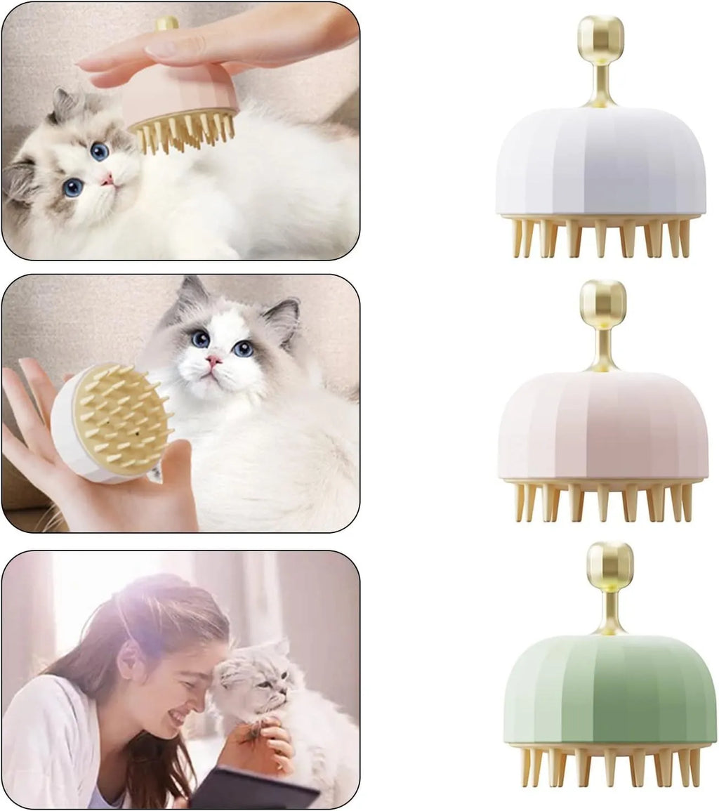 Green pet shampoo massage brush with drainage holes and dual-sided head for washing dogs and cats
