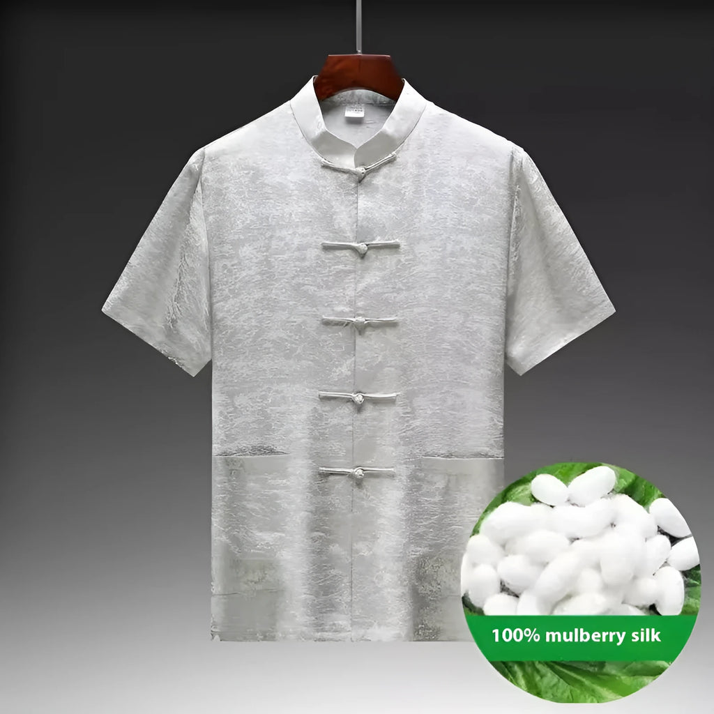 Men's Chinese-style Tang suit in mulberry silk showing white, light green, and navy blue colour options