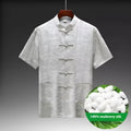 Men's Chinese-style Tang suit in mulberry silk showing white, light green, and navy blue colour options