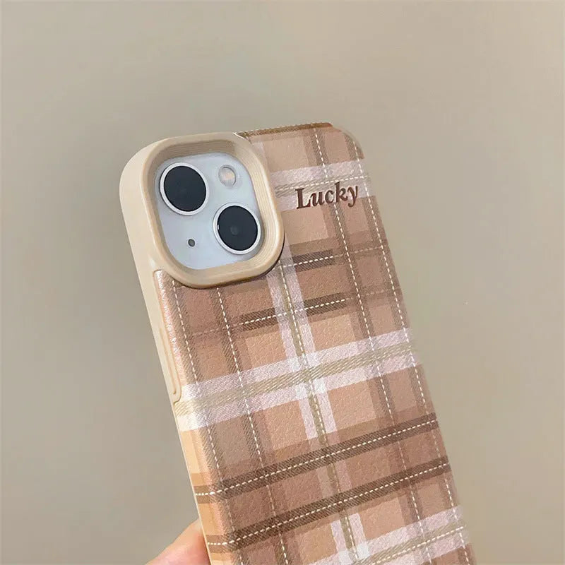 Silicone anti-fall phone case with embossed light coffee plaid lucky letter design for iPhone 13 Pro