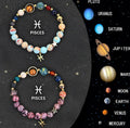 Set of twelve natural stone beaded bracelets, each showing a different zodiac sign design on an elastic cord.