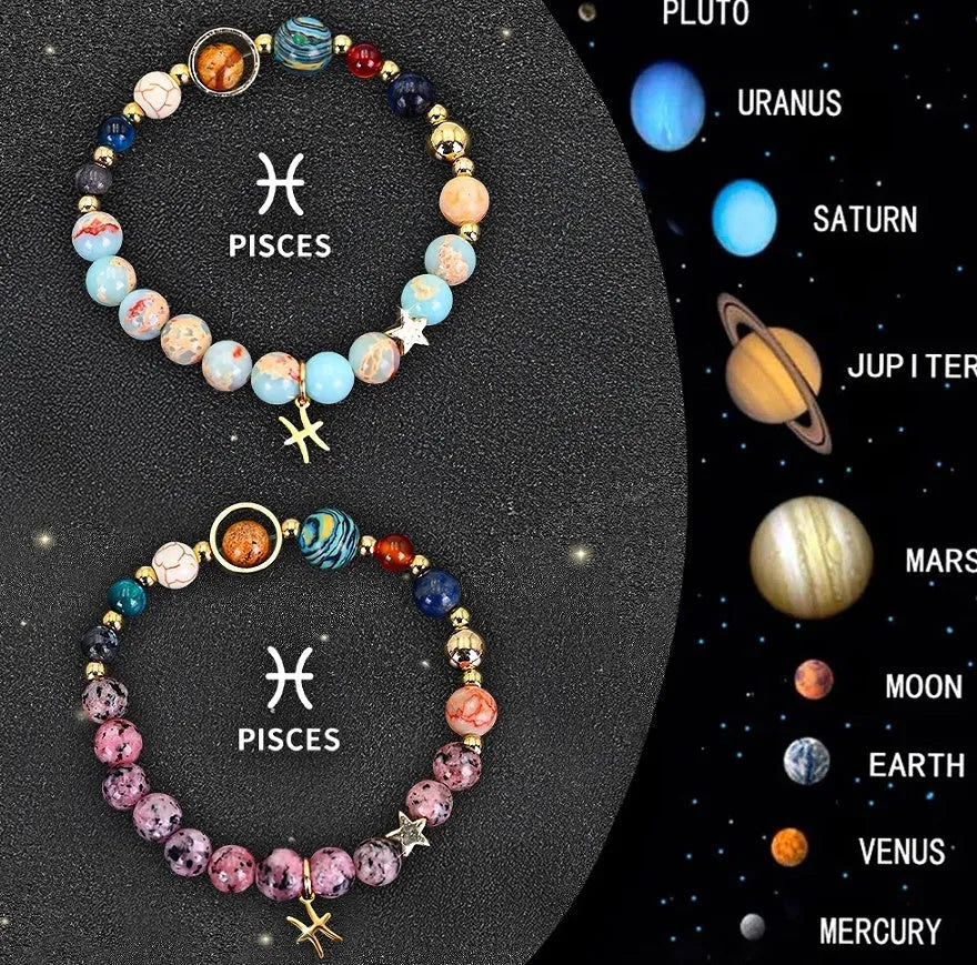 Set of twelve natural stone beaded bracelets, each showing a different zodiac sign design on an elastic cord.