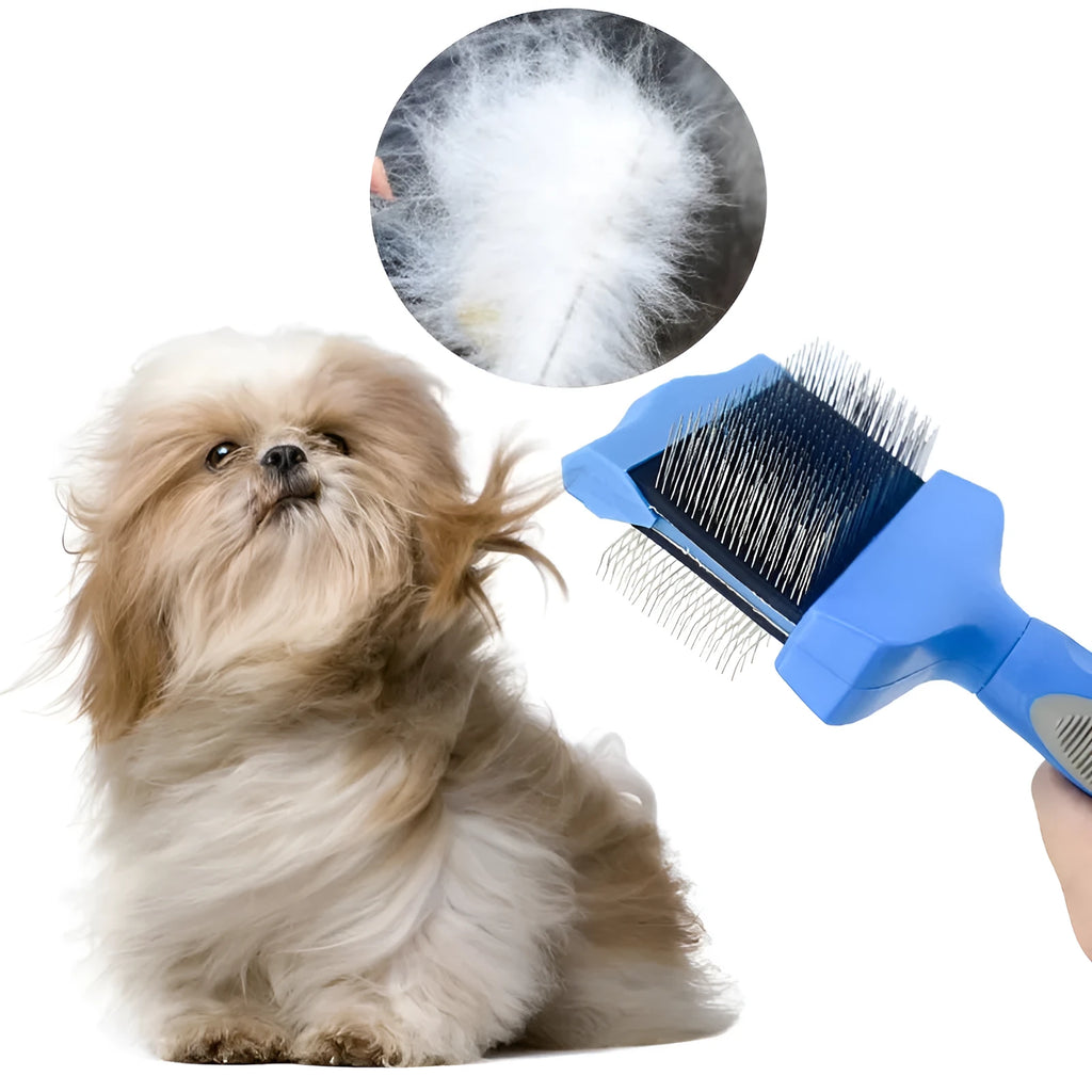 Blue double-sided pet brush with stainless steel pins and ergonomic handle on a white background.