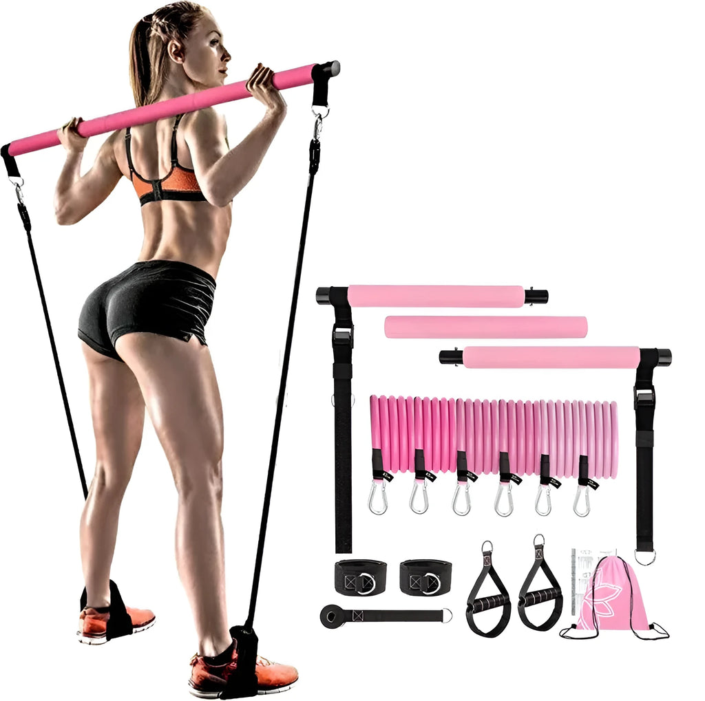 Women's fitness resistance stick set with multiple pink purple black TPE tubes for adjustable strength training
