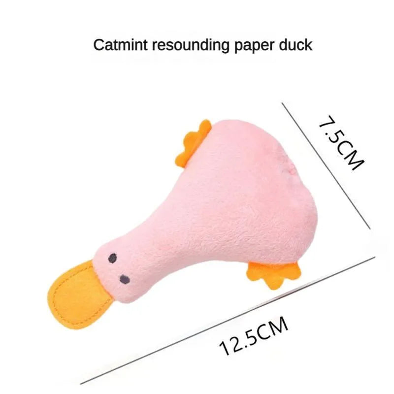 Colourful soft plush duck pet toy with catnip, a squeaker, and a rattle for cats and dogs