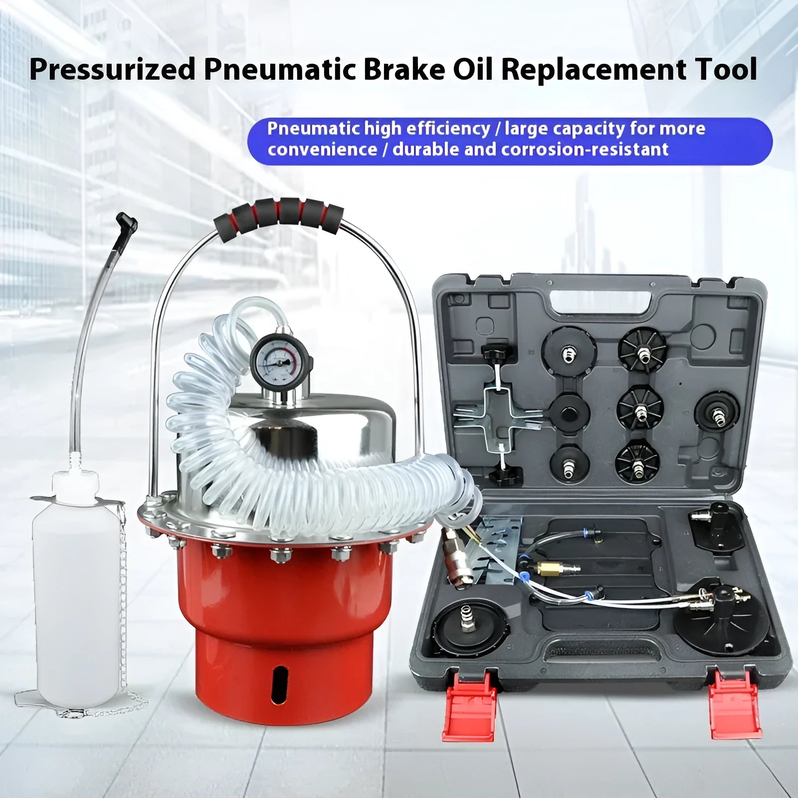 Pneumatic brake fluid replacement machine with pressure gauge and regulator on 49x30x42 cm unit