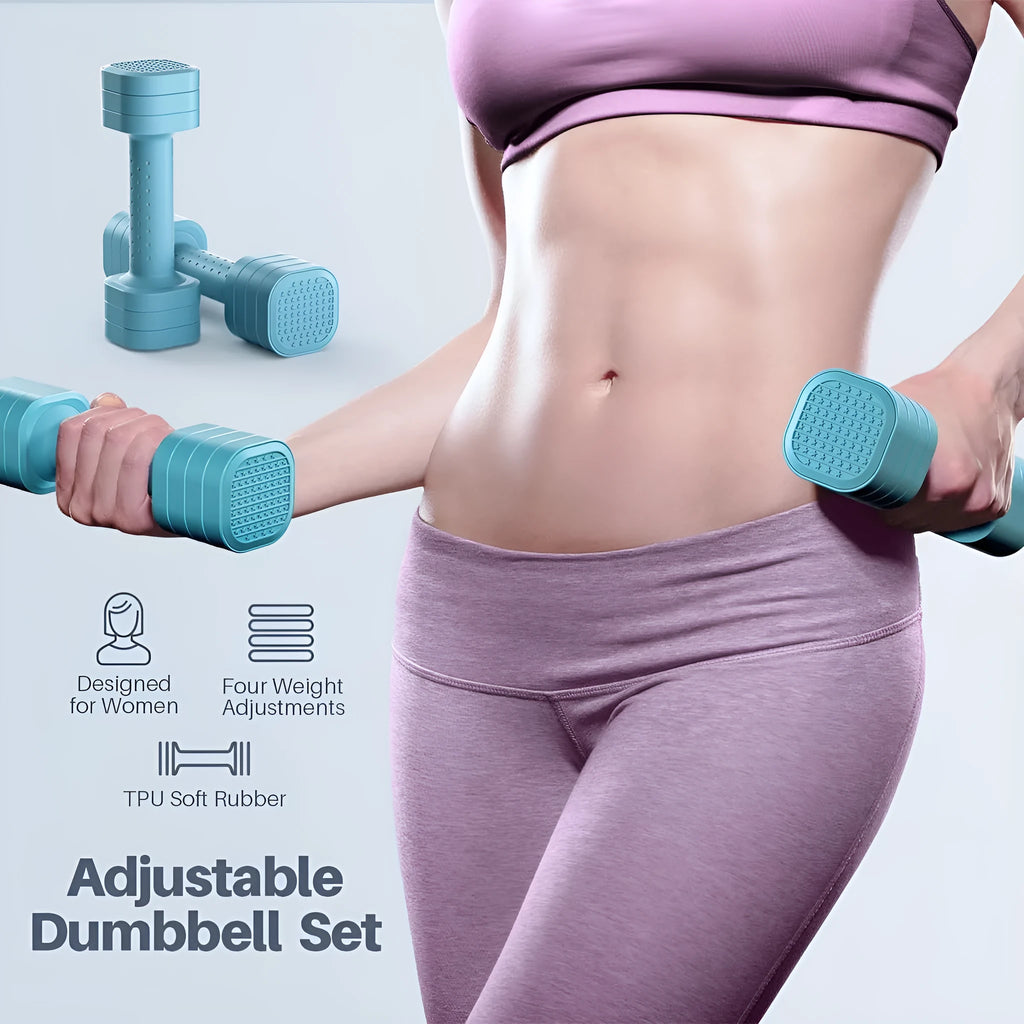 Set of pink 5 lb detachable ABS plastic dumbbells for women's fitness on a grey background.