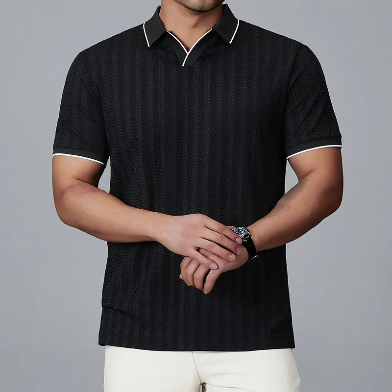 Men's loose-fitting short-sleeved polo shirt in ice silk nylon fabric, shown in black colour.