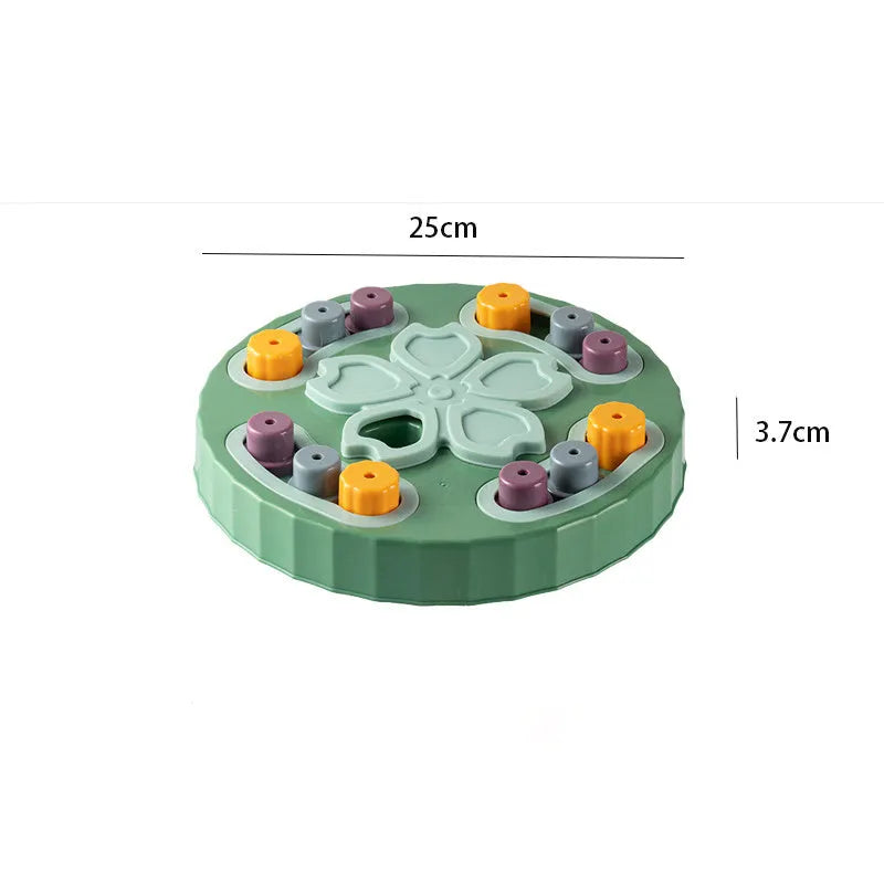 Blue interactive slow feeder dog bowl with puzzle channels, 28 cm diameter, on a wooden floor.