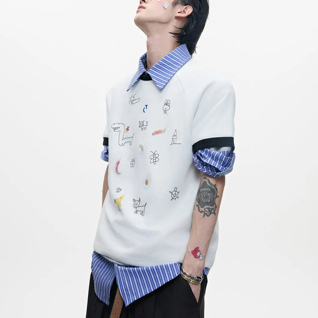 Men's blue short-sleeved shirt with cartoon print, loose fit, and contrasting colour panels.