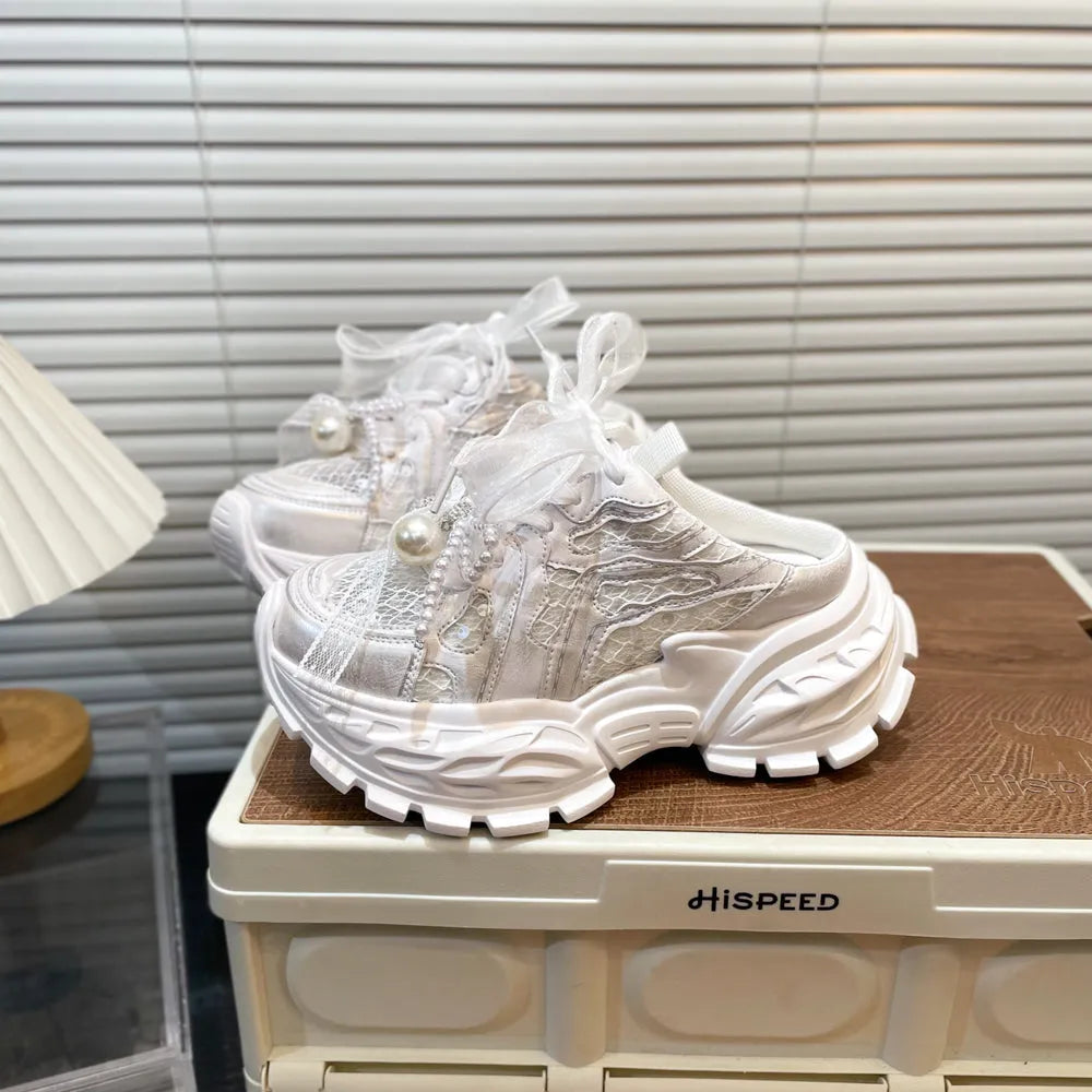 Pearl lace bow daddy shoes in purple or white with first layer cowhide upper and 5-8cm muffin heel