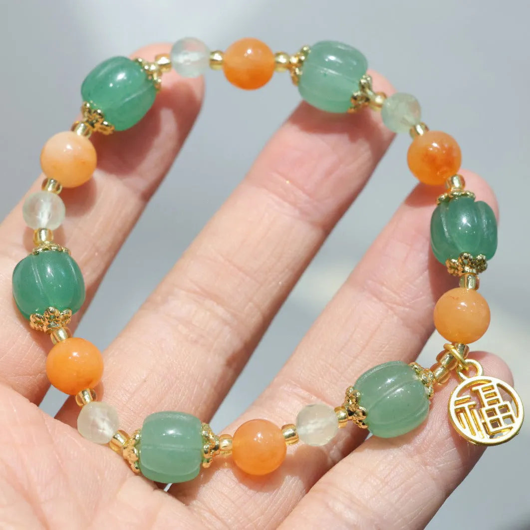 Chinese style Jinsi Jade Duobao pumpkin bracelet with Prehnite stones for 14-16.5cm wrists