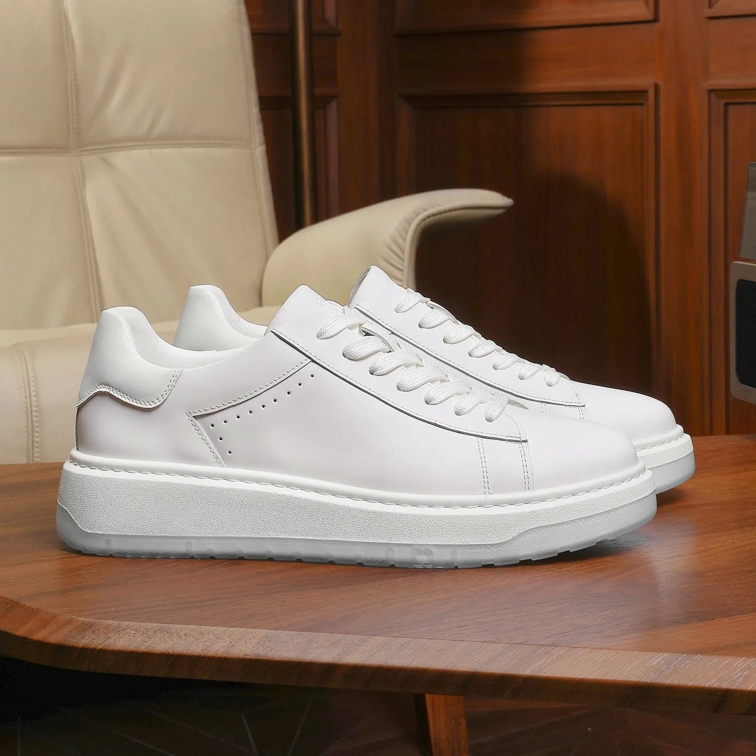 Men's breathable casual sneakers in first layer cow leather, solid white colour, flat heel design, sizes 37 to 45