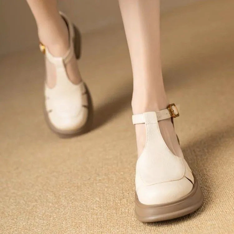 Women's retro chunky platform ankle-strap high heels in beige or dark brown, mid 3-6cm heel, sizes 35-39