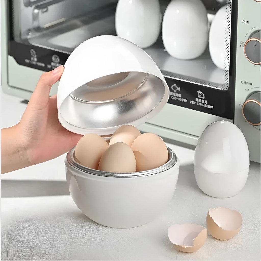 White microwave egg cooker for boiling up to 4 eggs with adjustable cooking settings