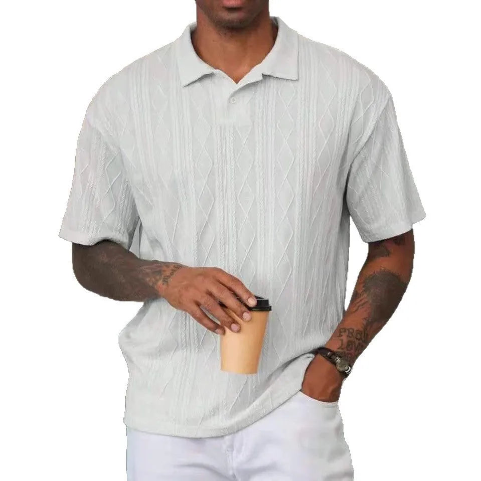 Retro button lapel short sleeve t-shirt in cotton blend fabric, loose fit with side slit detail