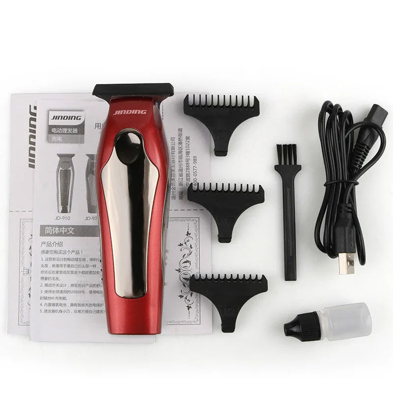 Electric hair clipper with T-design blade, USB rechargeable, two speed settings, LED indicator, available in black, red and wine red.