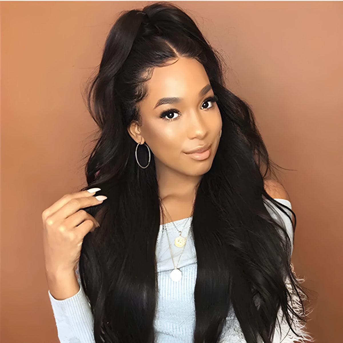Black explosive wig with 65cm long realistic curls and oblique bangs for women