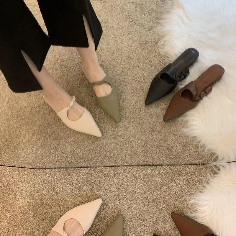 Spring design women's leather slippers with semi-toe box in four colour options