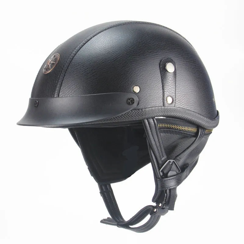 Retro handmade half-pedal motorcycle helmet in black ABS artificial leather for cruiser bikes