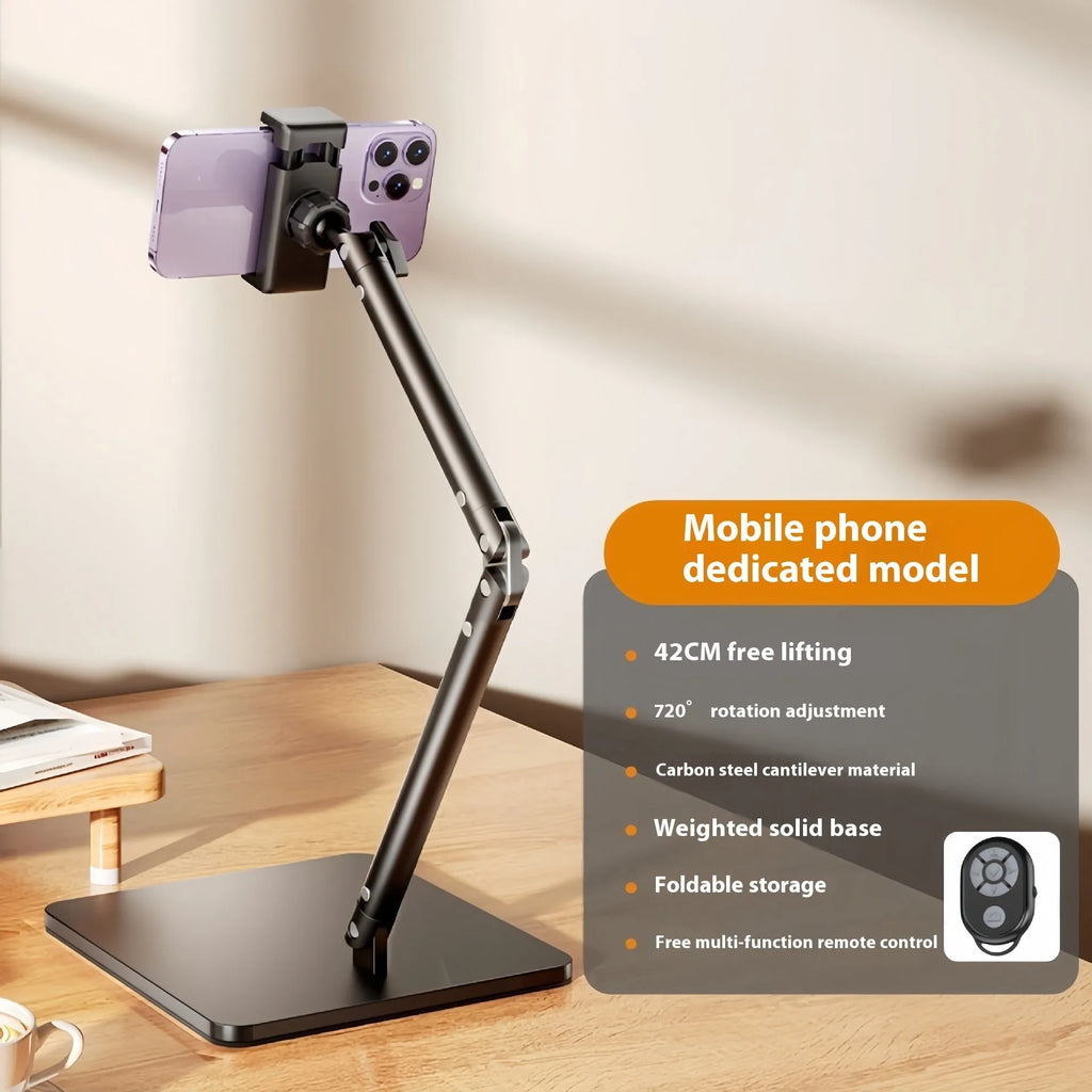 Alloy desktop bracket holding phone with remote control for live streaming
