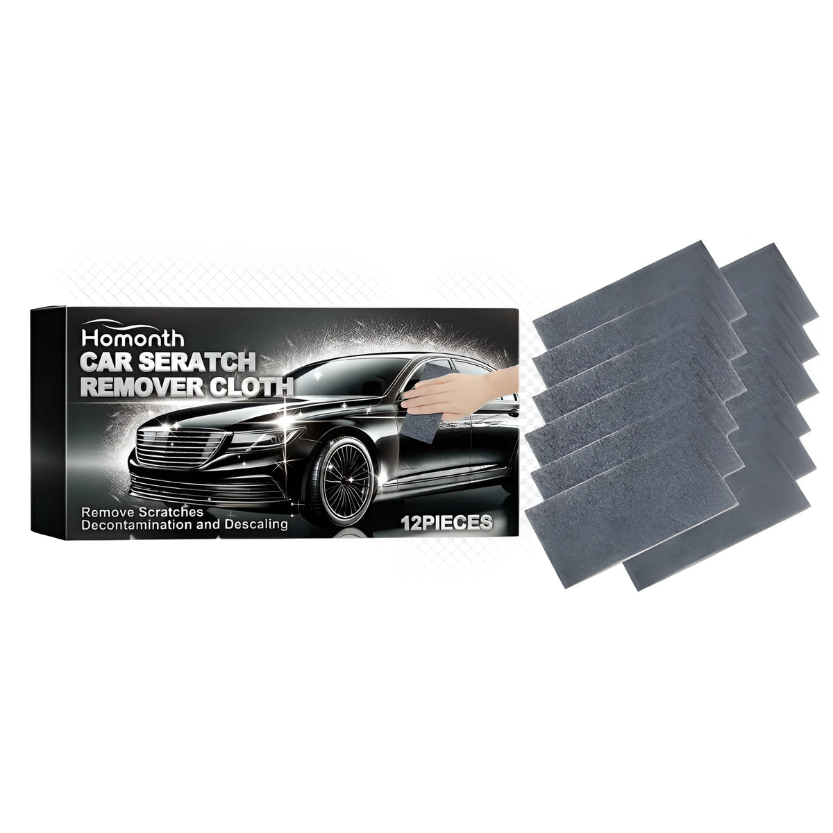 12-pack grey car scratch repair cloths 10x20cm chemical fibre in open box