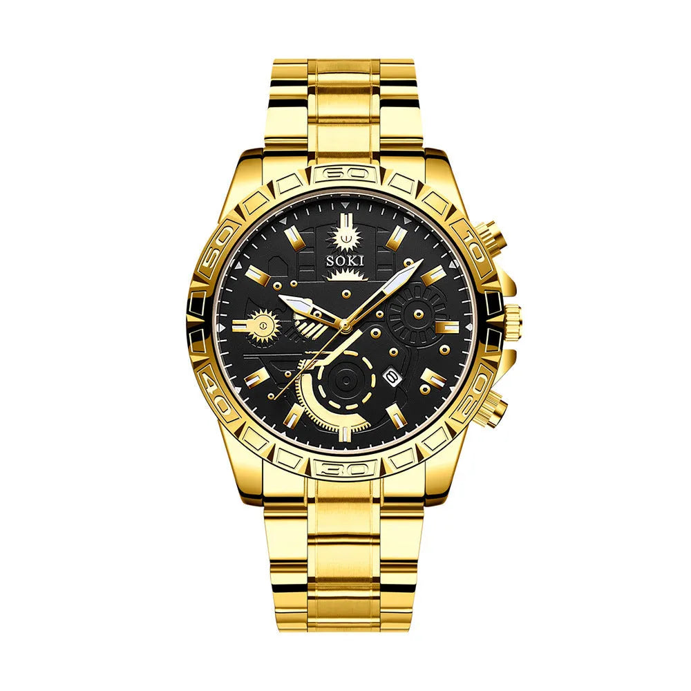 Gold men's business watch with steel strap showing calendar function and spiral crown
