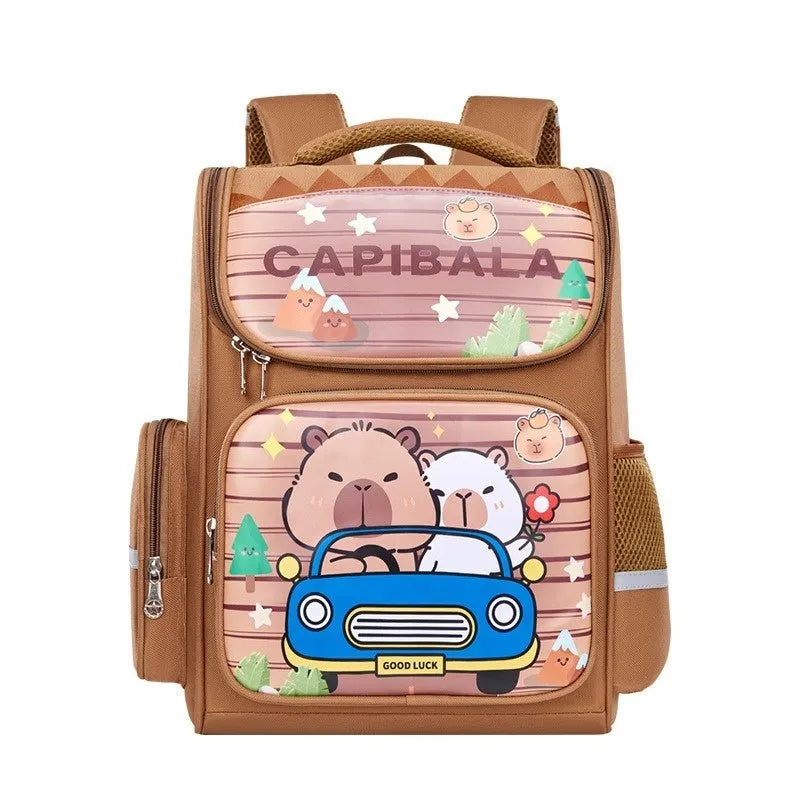 Capabala large capacity primary school bag with cartoon print, waterproof fabric, and air pillow belt in brown, blue, pink, or purple
