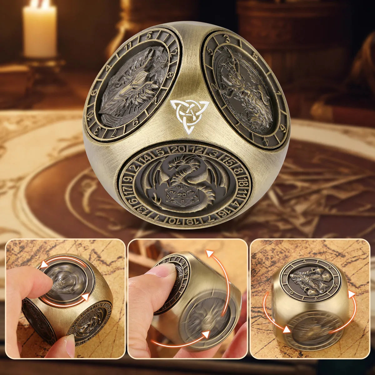 6-pack retro metal dice wheel gift box set in bronze, dark silver, and black zinc alloy with compact 3.5 cm size