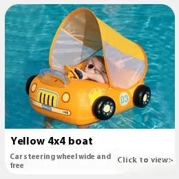 Pink inflatable car swimming ring for kids with a steering wheel, for pool and beach use.